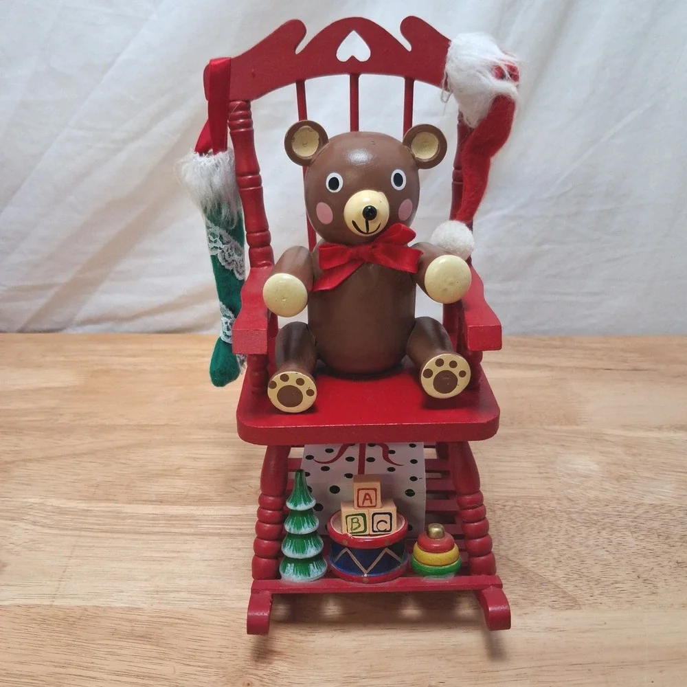 Vintage Teddy Bear Rocking Chair Musical Christmas Decor Red OS Good Pre-owned